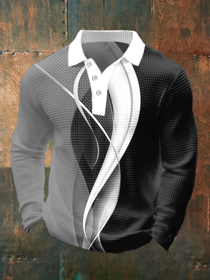 Casual ejecutivo Waffle de manga larga Polo para hombre