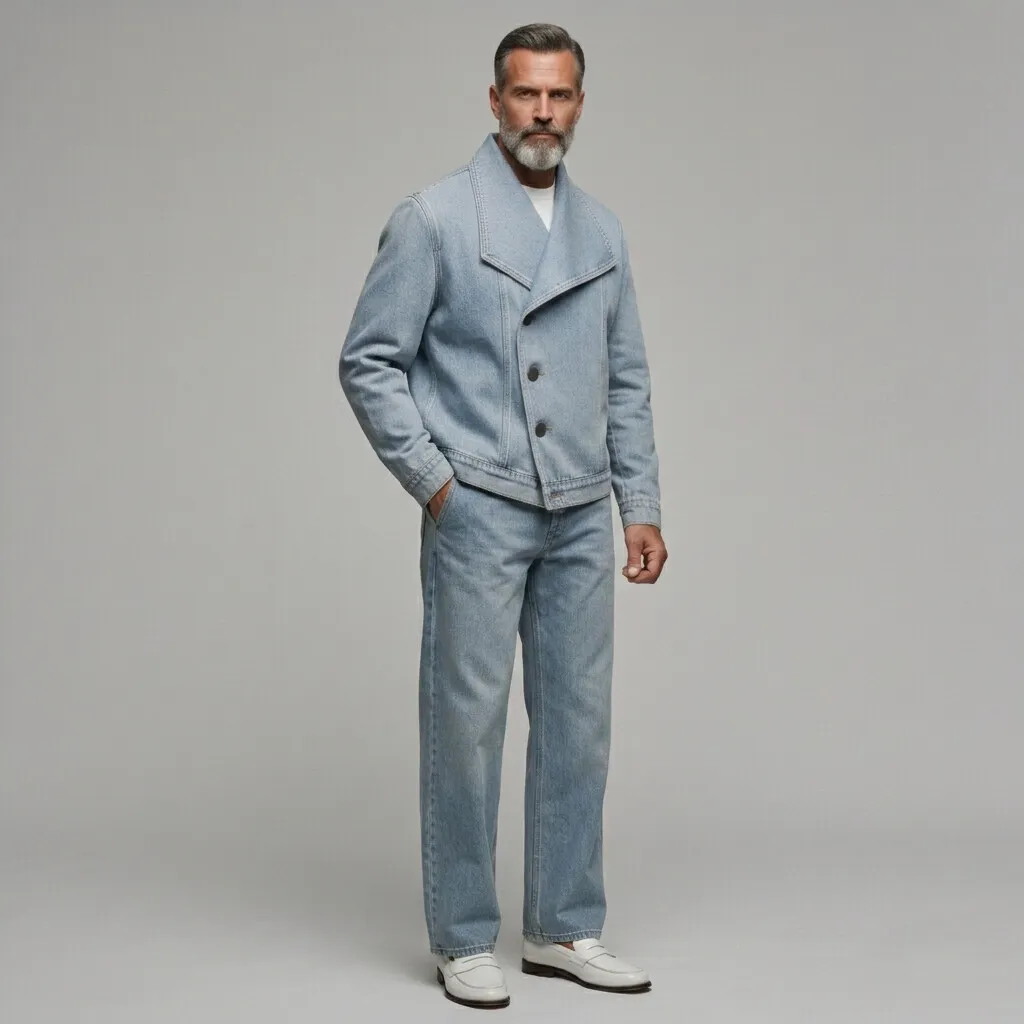 Chaqueta casual Light Blue Asymmetric Single Breasted Lapel Collar Denim para hombre