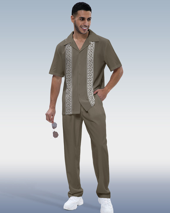 Camisa Rianmond Gray vintage estampado de manga corta Walking Set 598 para hombre