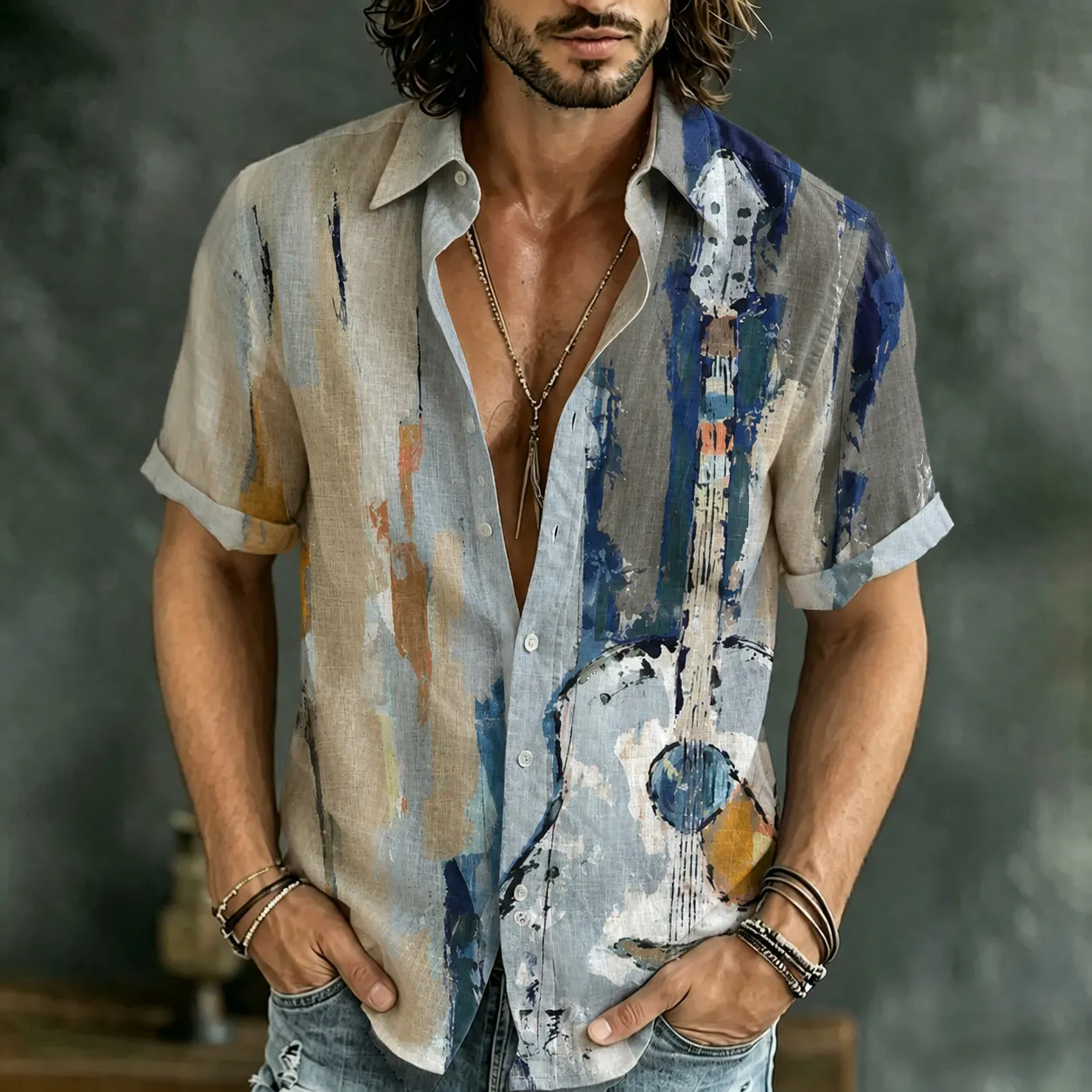 Camisa retro Hippie Pattern de manga corta de algodón de lino para hombre
