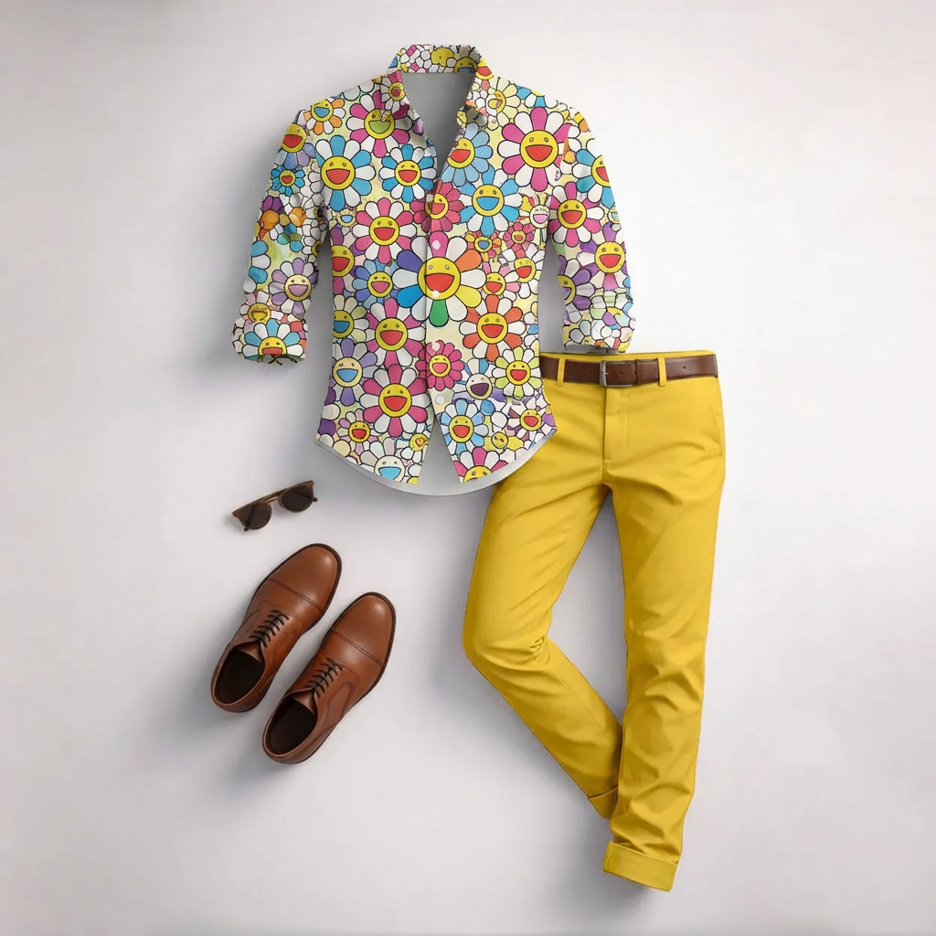 Conjunto de dos piezas casual Colorful estampado de manga larga camisa And Trousers para hombre