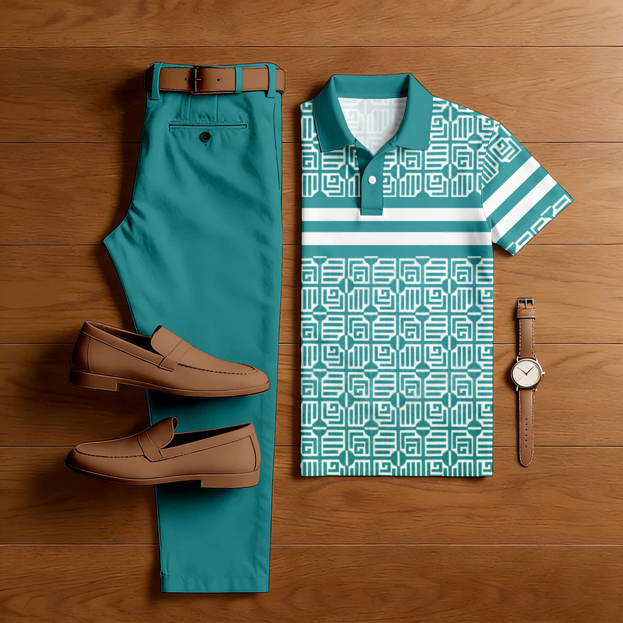 Conjunto de dos piezas casual Dark Green a cuadros estampado camisa polo And Trousers para hombre