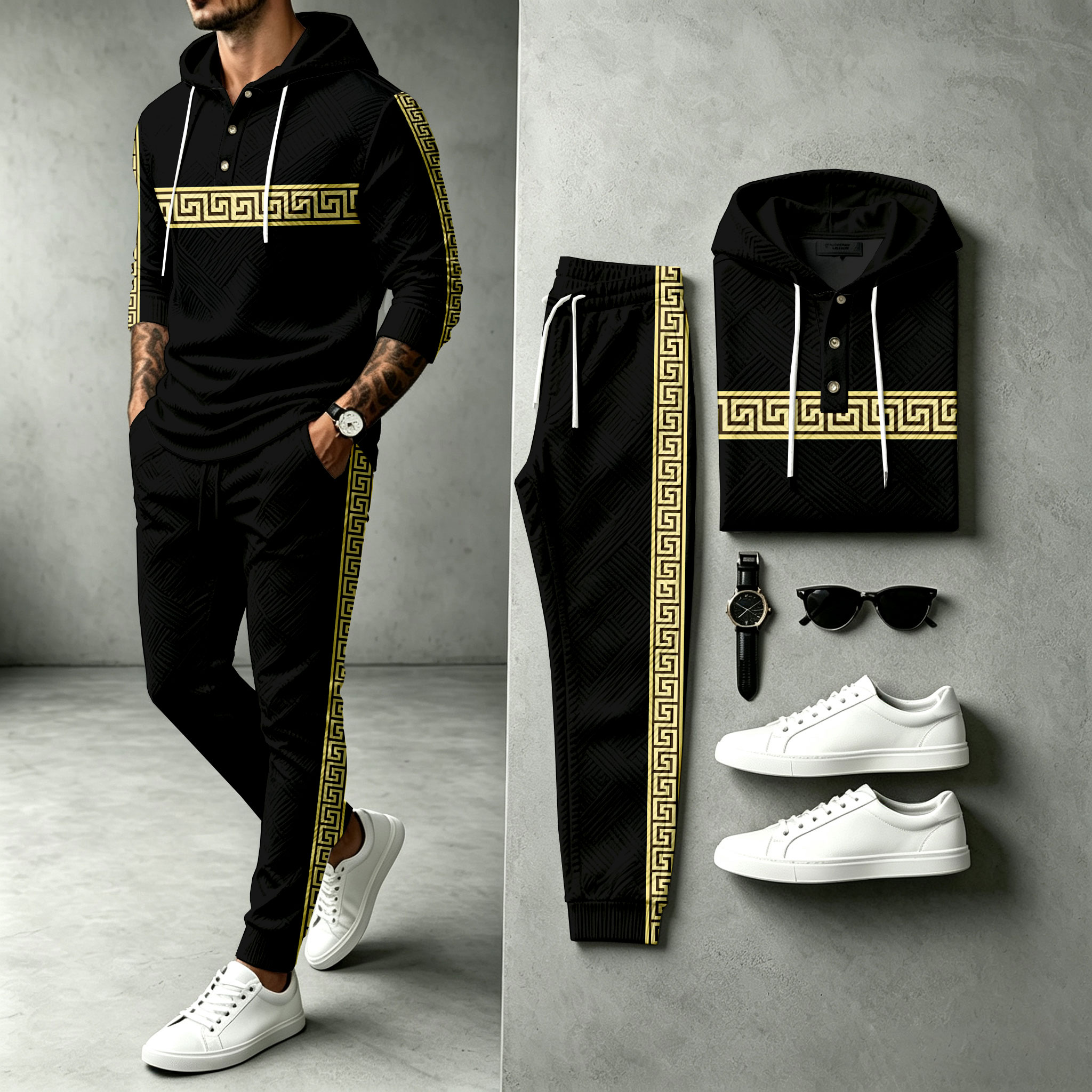para hombre Black Hooded Sweacamiseta and pantalón Set