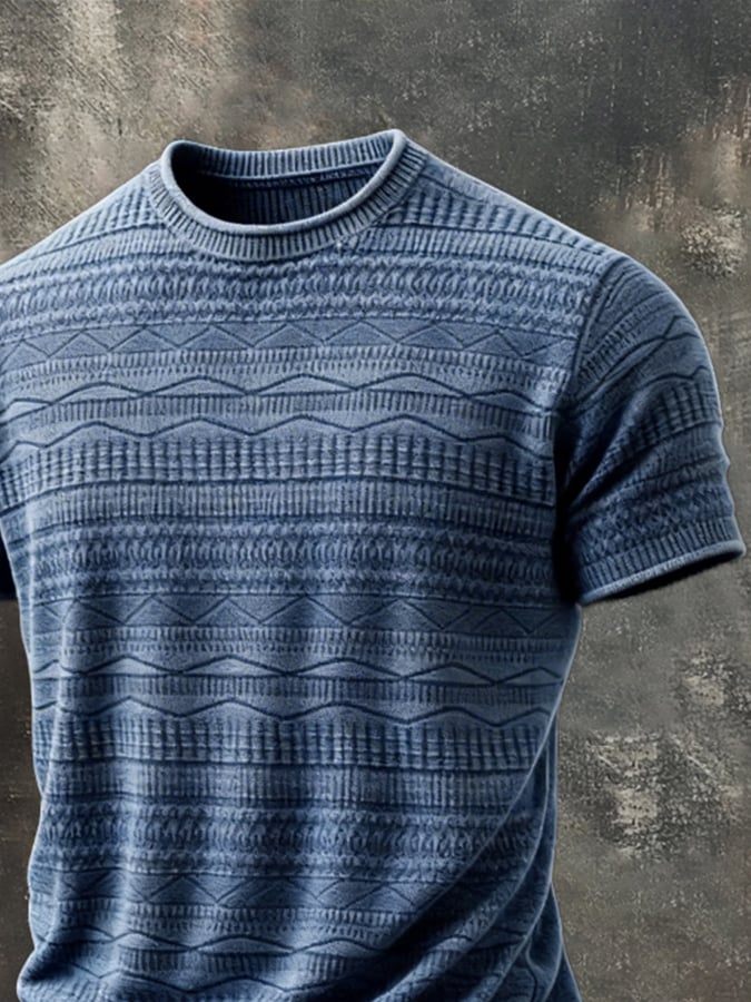 Retro-Style cuello redondo de manga corta Top with Unique Texture para hombre