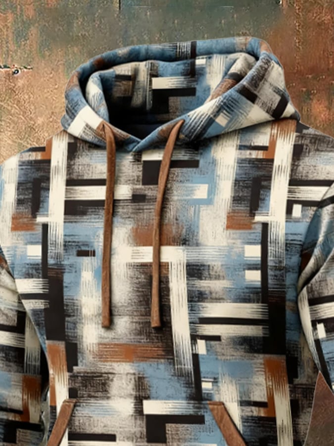 Sudadera retro desgastado en bloques de color estampado casual Fur cuello de manga larga para hombre