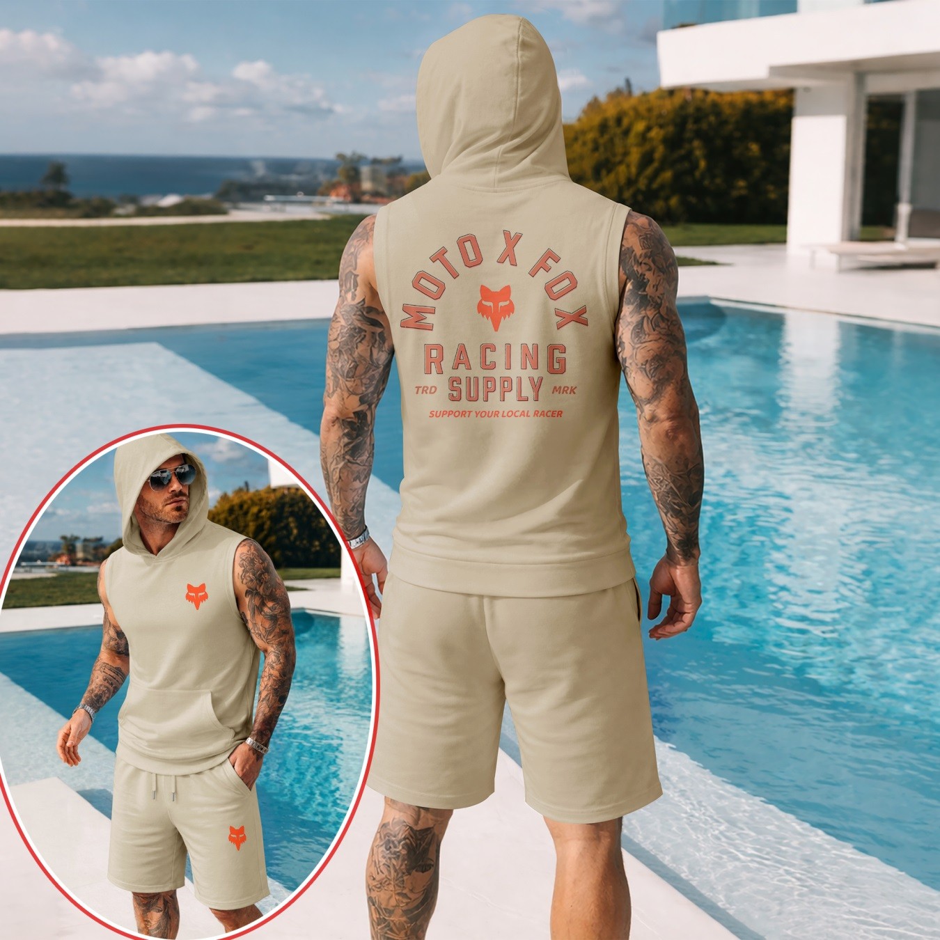 Conjunto de dos piezas : retro-estampado Hooded Vest & shorts — Regular Fit, casual Sporty Style, Sleeveless Top & shorts; Summer Apparel para hombre
