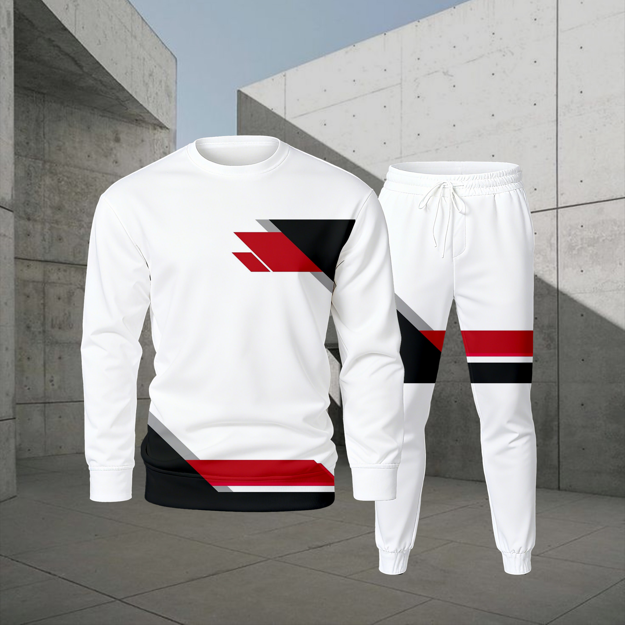 Conjunto de dos piezas casual Color Matching estampado Round-Neck de manga larga sudaderas Trousers para hombre
