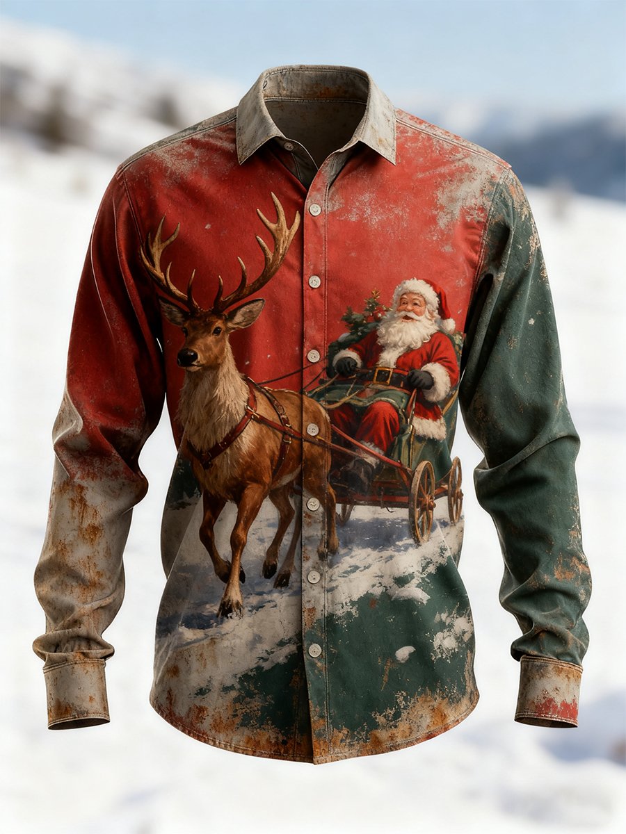 Camisa vintage Christmas Art de manga larga para hombre