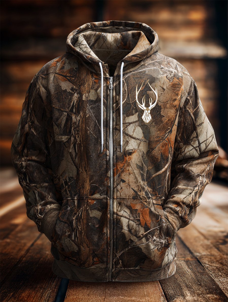 Sudadera retro Leaf camuflaje Hunting Full-Zip cárdigan con gorrasucha para hombre