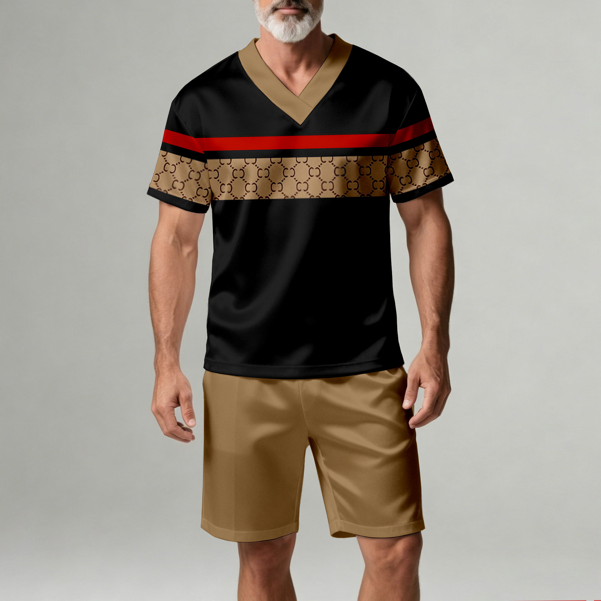 Conjunto de dos piezas casual Geometric estampado V-Neck de manga corta camiseta And shorts para hombre