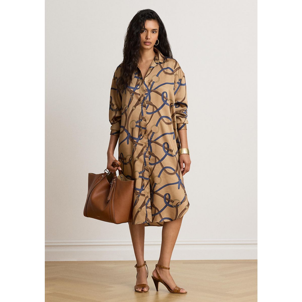 Belting-Print Twill Midi Shirtdress - 1