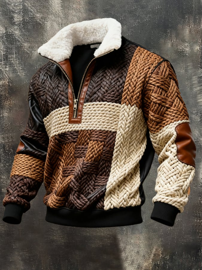 Sudadera retro en bloques de color estampado casual Fur cuello de manga larga para hombre