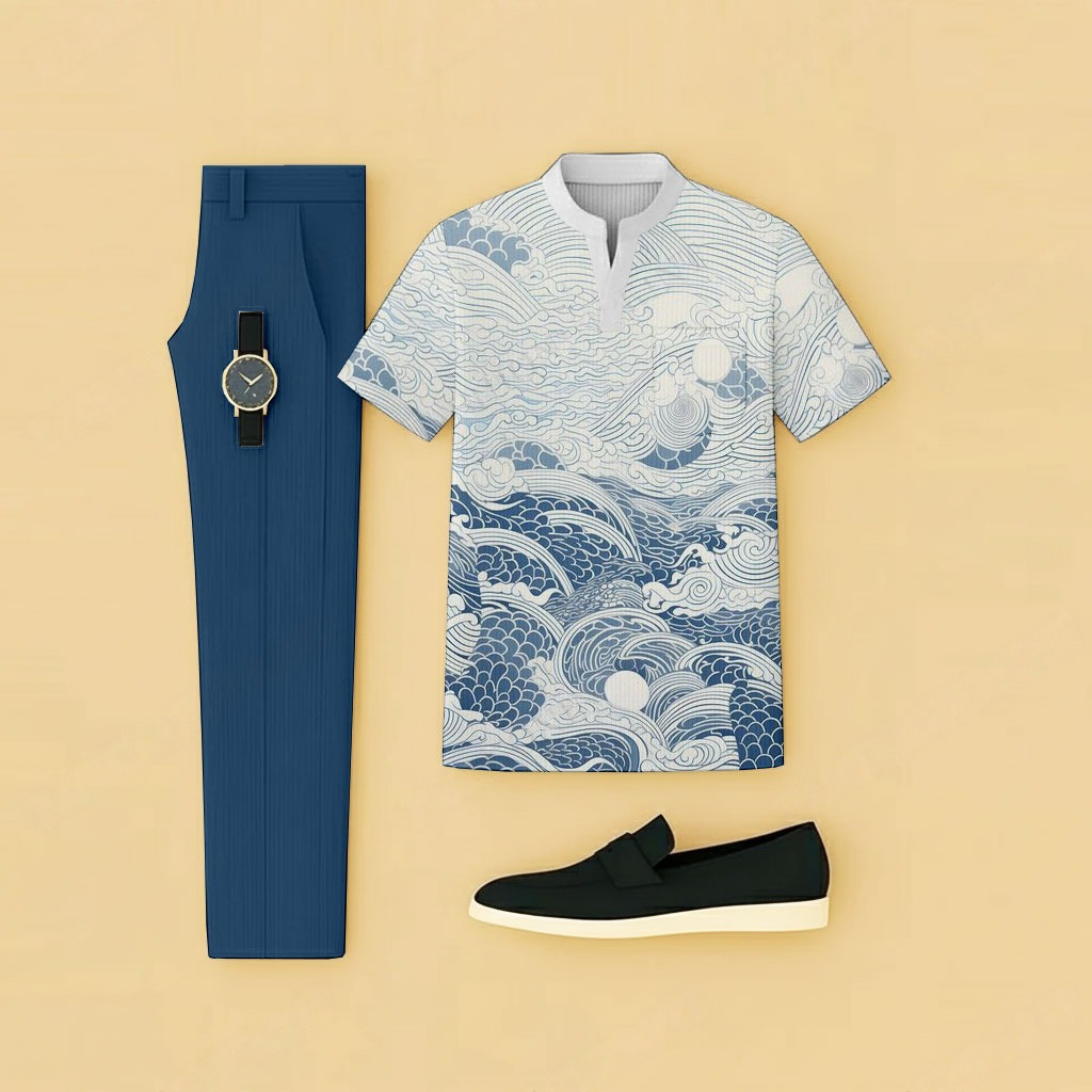 Conjunto de dos piezas casual White Waves estampado de manga corta camiseta And pantalón para hombre