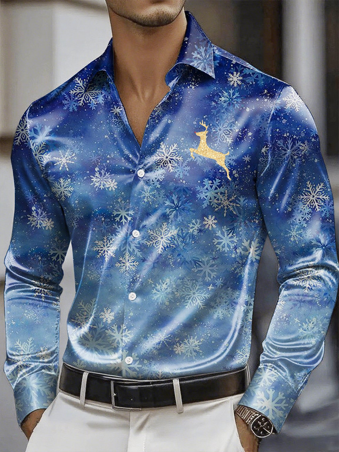 Camisa Christmas satén Luxe de manga larga con botones para hombre