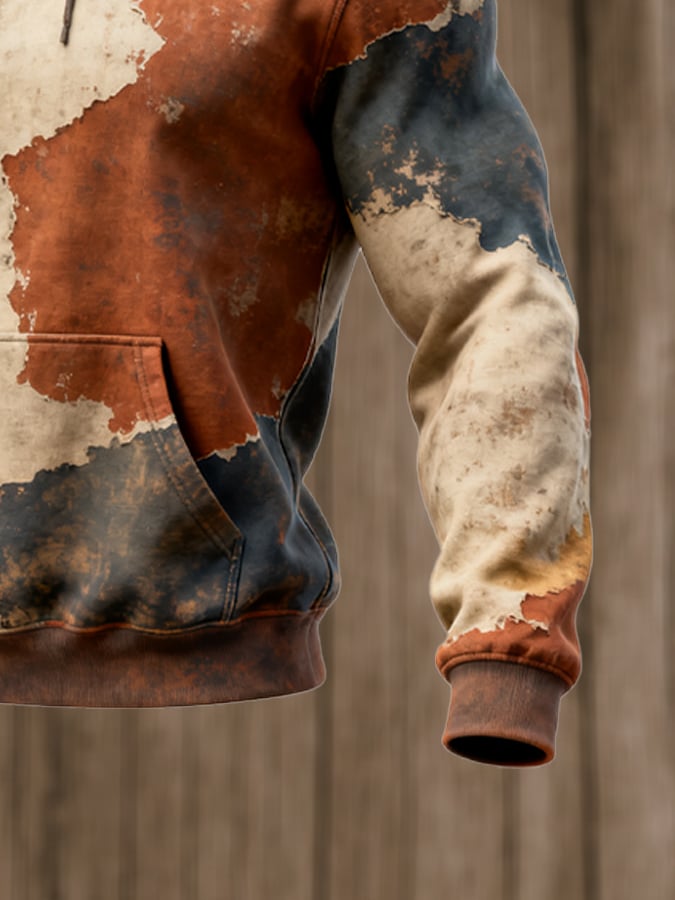 Sudadera retro desgastado en bloques de color estampado casual de manga larga para hombre