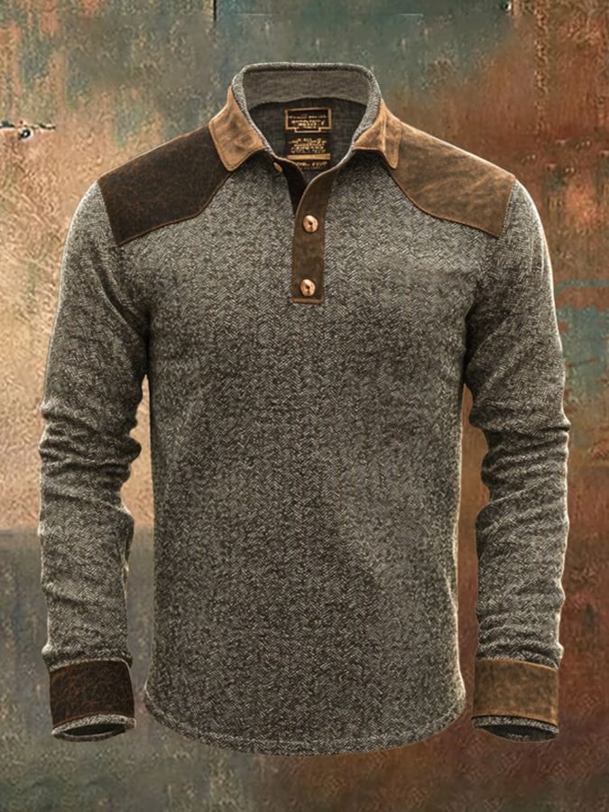 Camisa polo retro casual Contrast Color de manga larga para hombre