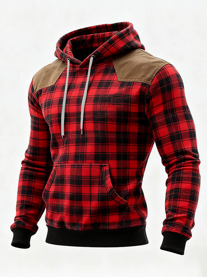 Sudadera casual retro a cuadros estampado de manga larga Hooded para hombre