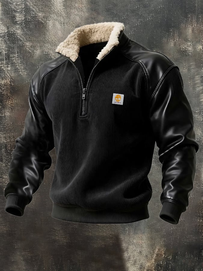 Sudadera vintage pana cuero Stitching cierre Fur cuello para hombre