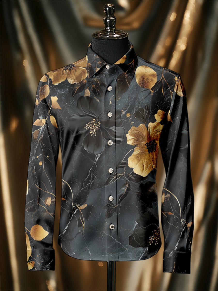 Camisa seda vintage Rose de lujo ejecutivo de manga larga para hombre