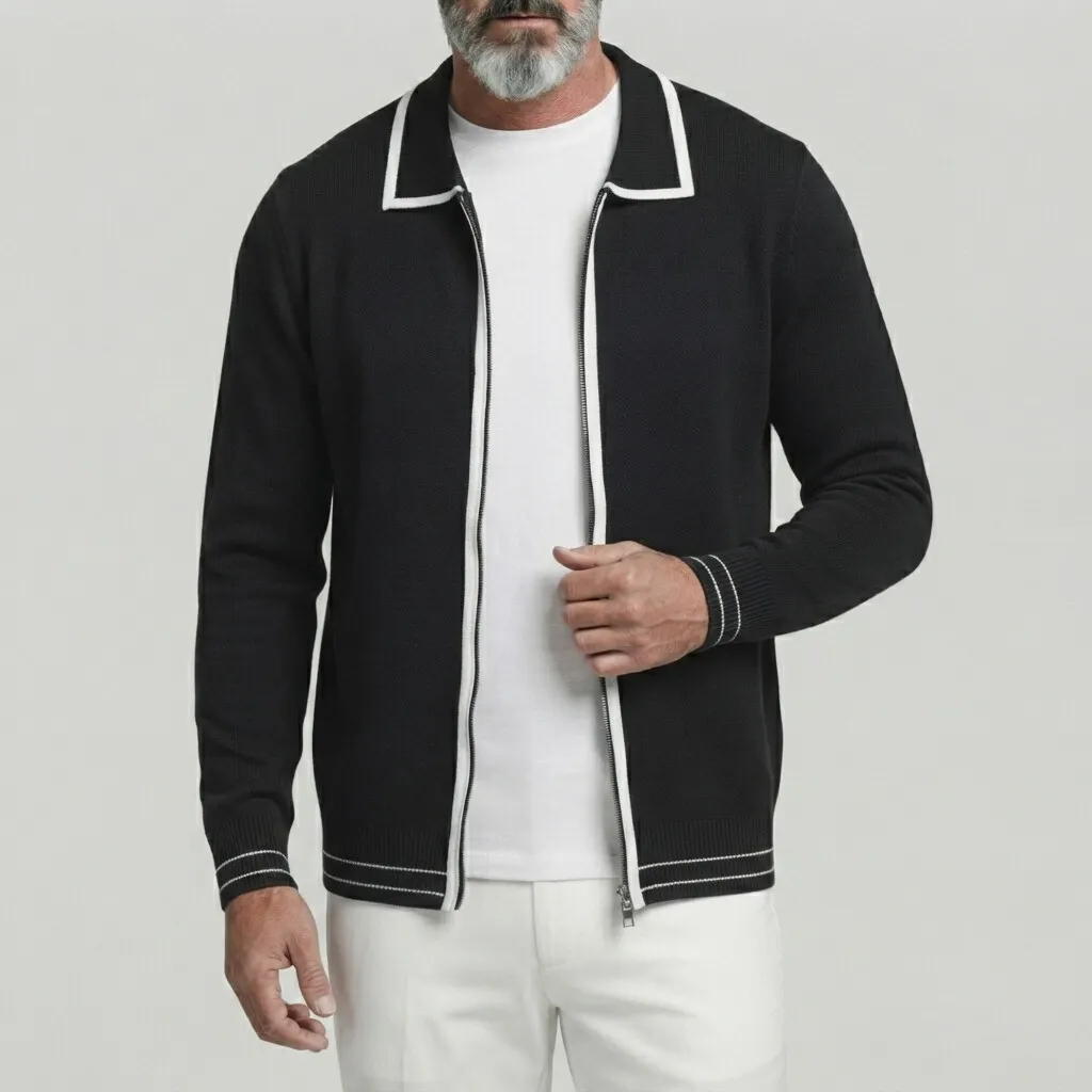 para hombre de color sólido Contrast Binding Turndown Collar Zipper tejidoted Cardigan