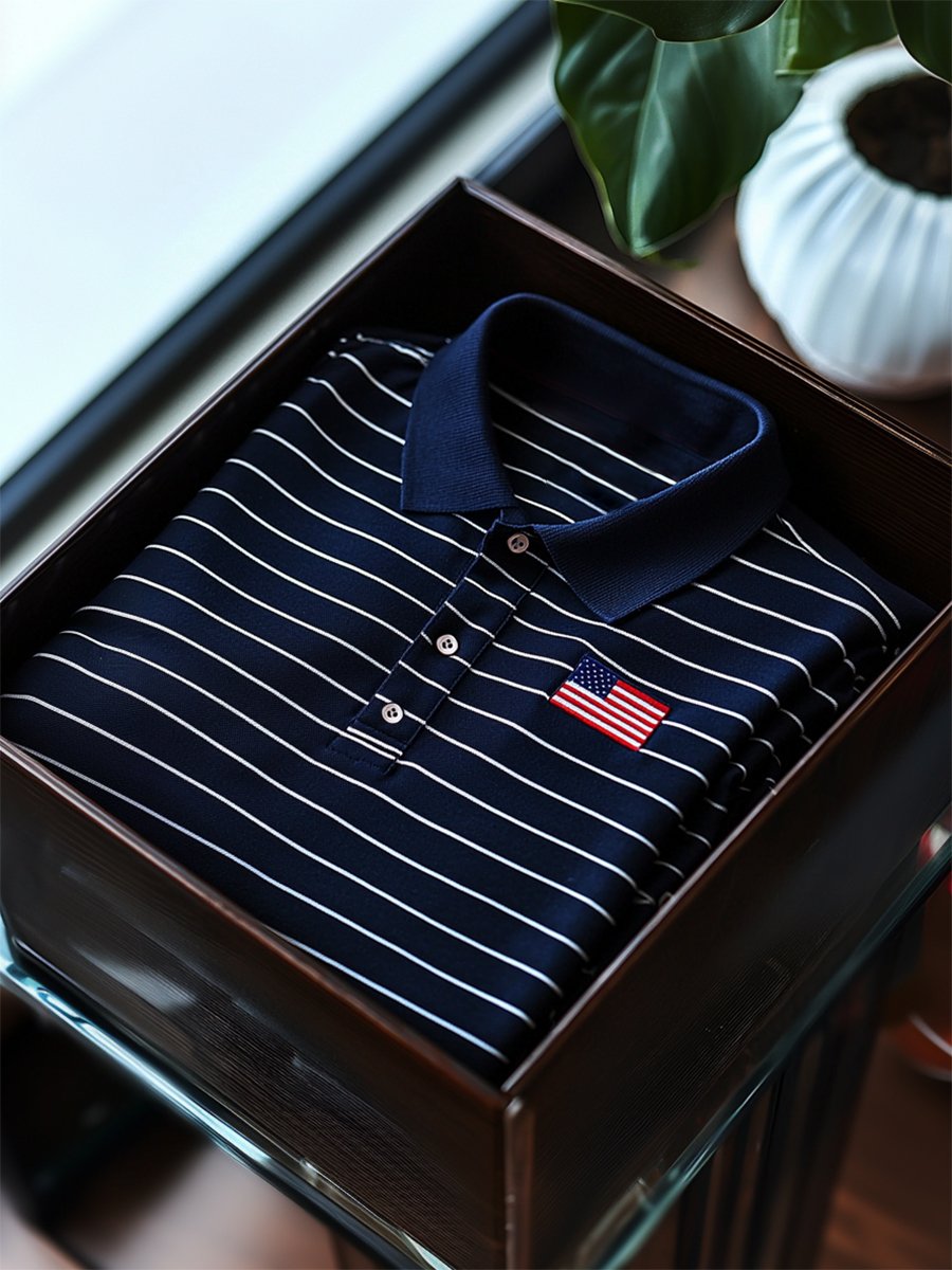 Camisa polo ejecutivo casual a rayas Independence Day Button de manga corta para hombre