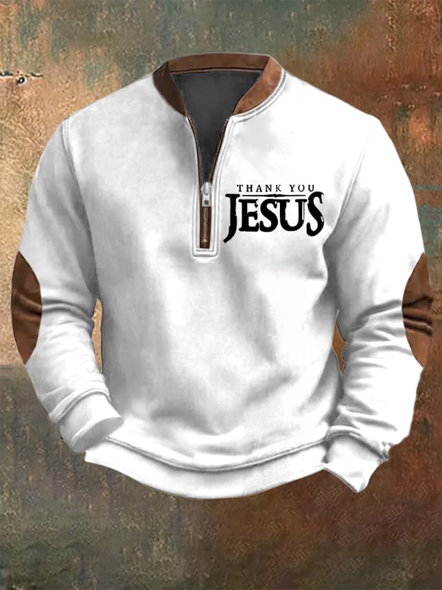 Sudadera vintage Faith "Thank You Jesus" estampado Zip cuello para hombre