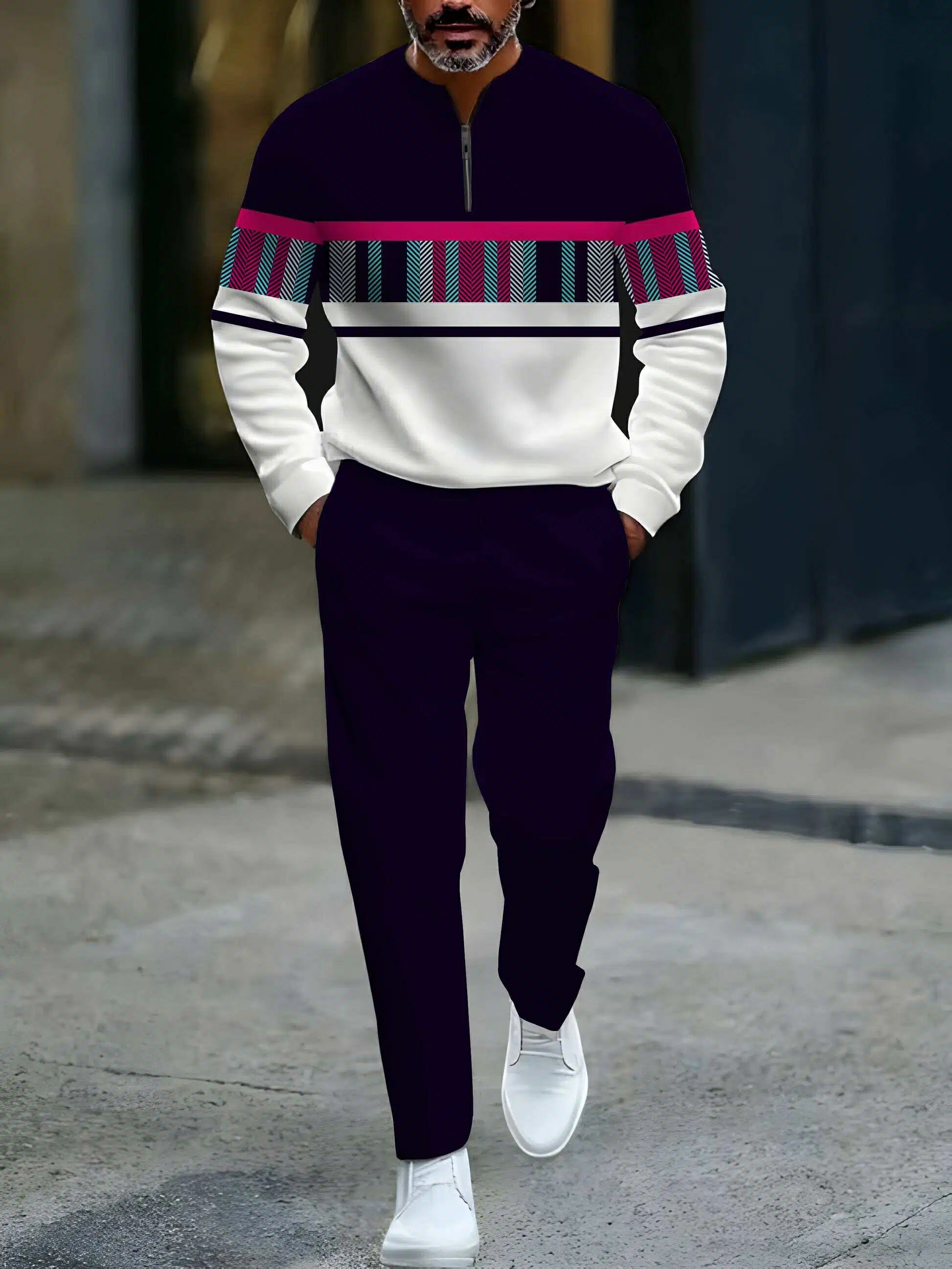 Conjunto de dos piezas casual White & Nacy Color Matching Multicolor Checked estampado Round-Neck cierre de manga larga Tops & Trousers para hombre