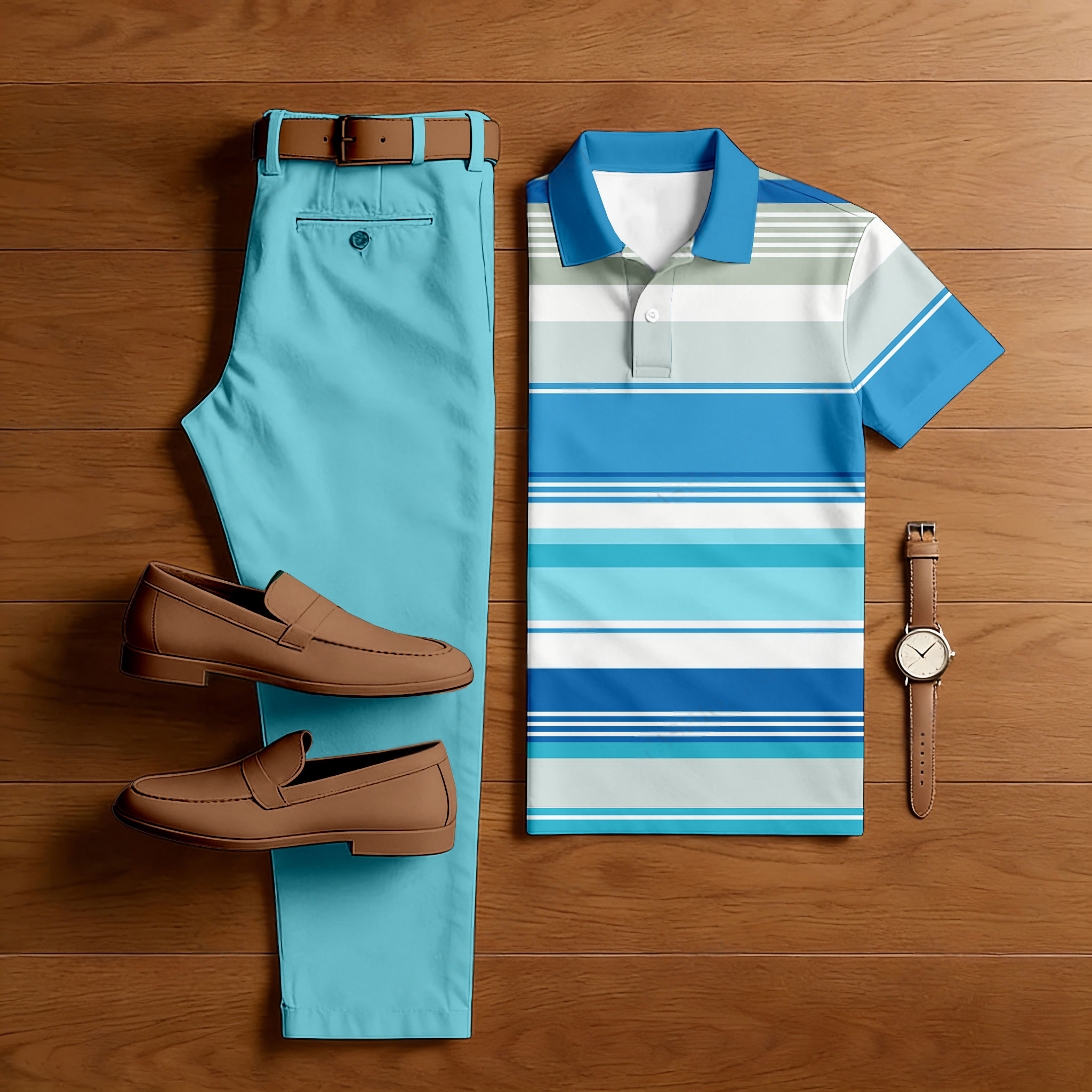 Conjunto de dos piezas casual Blue Geometry estampado camisa polo And pantalón para hombre