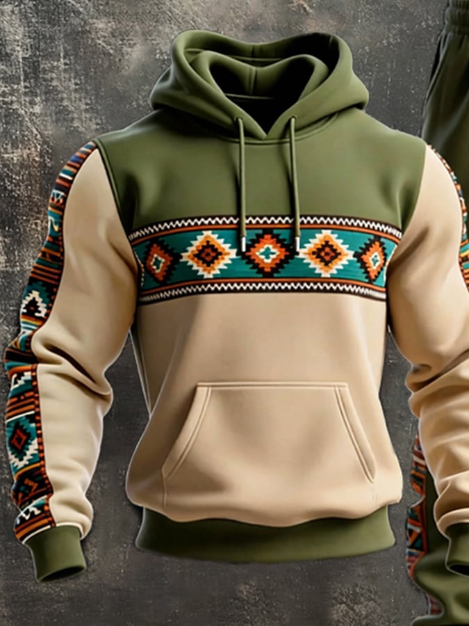 Sudadera retro desgastado Contrast Color Hooded casual Set para hombre