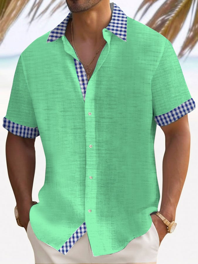 Camisa retro a cuadros Contrast Design casual de manga corta para hombre