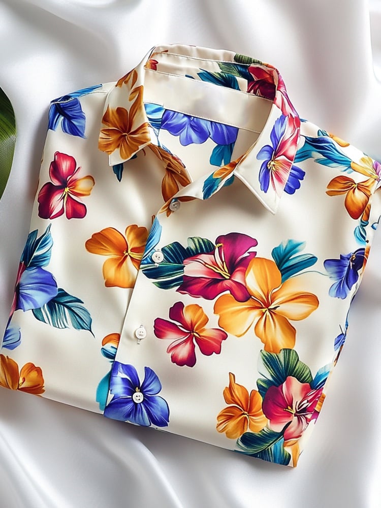 Camisa ejecutivo casual hawaiano floral solapa de manga corta para hombre