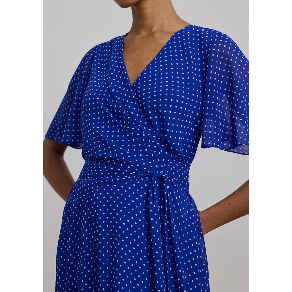Polka Dot Belted Crinkle Georgette Dress - 4