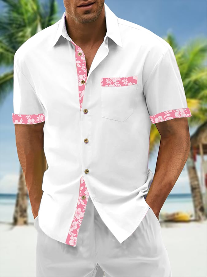 Camisa Resort Style Contrast estampado casual de manga corta para hombre