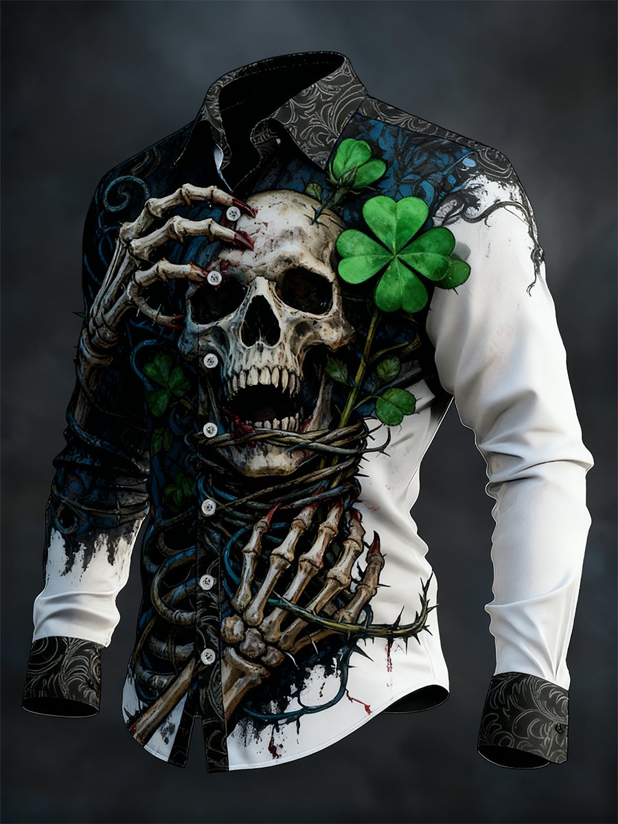 Camisa retro St. Patrick's Day Skull de manga larga para hombre