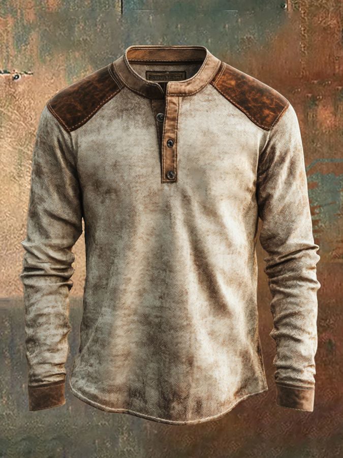 Camisa casual vintage desgastado estampado de manga larga Henley para hombre