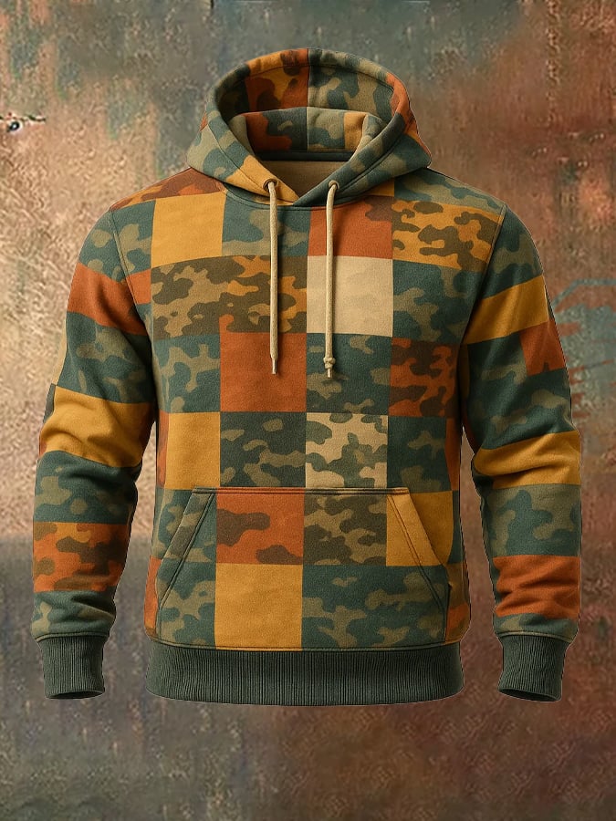Sudadera retro desgastado en bloques de color estampado casual de manga larga para hombre