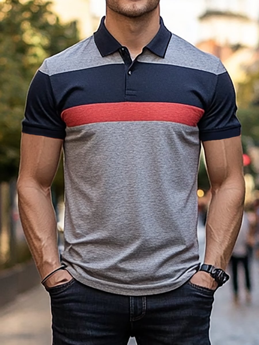 Camisa polo ejecutivo rayas Logo con botones de manga corta para hombre