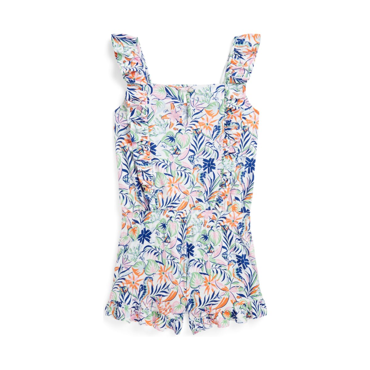 Girls 7-16 Tropical Print Ruffled Cotton Romper - 2