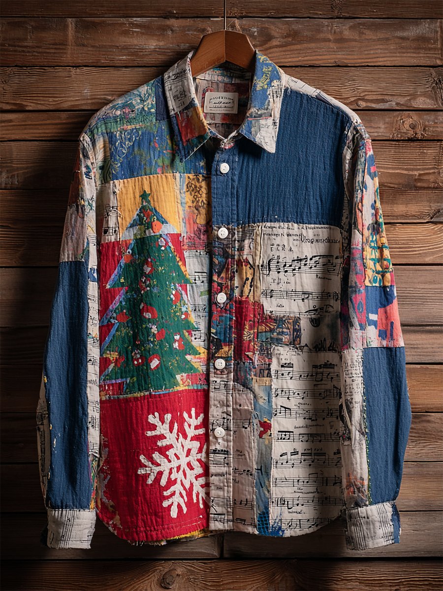 Camisa retro casual Christmas Tree Musical Notes de manga larga para hombre
