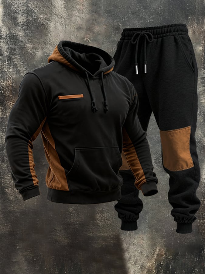 Sudadera retro Stitching Contrast Color Hooded casual Suit para hombre