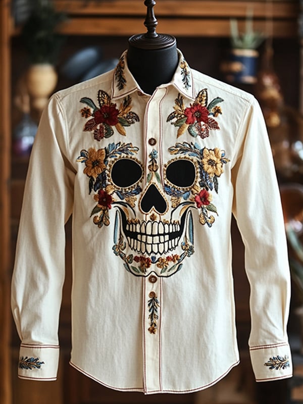 Camisa para exterior vintage Skull and floral estampado de manga larga para hombre