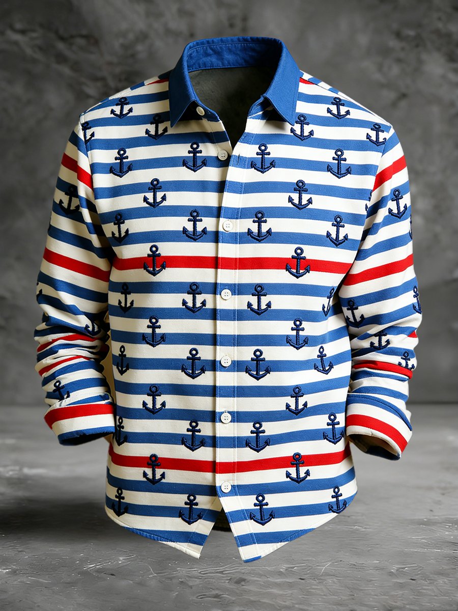 Camisa vintage commemorative navy estampado de manga larga para hombre