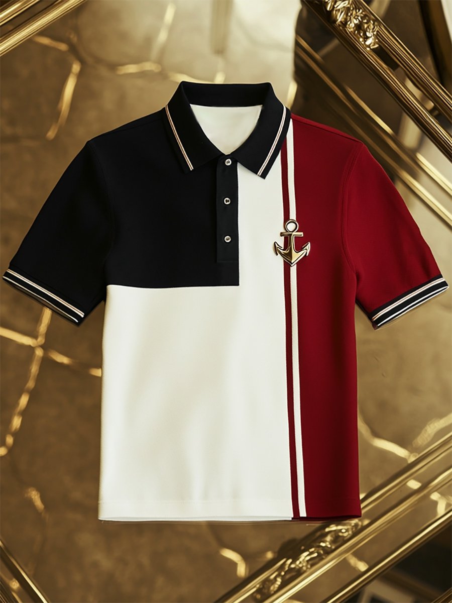Camisa polo ejecutivo rayas Anchor Logo con botones de manga corta para hombre
