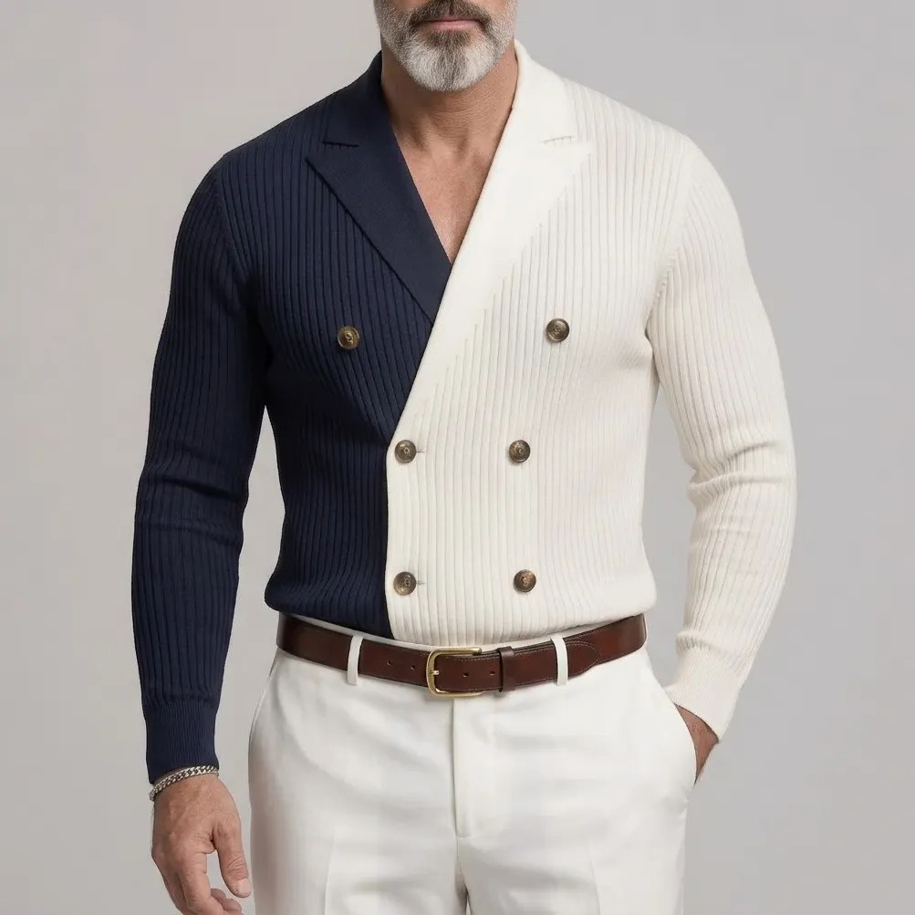 para hombre Colorblock Ribbed tejido Double-Breasted Lapel Collar Slim Ficamiseta