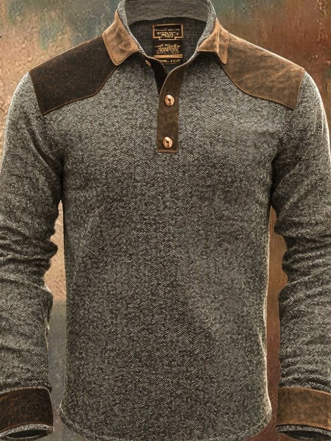 Camisa polo retro casual Contrast Color de manga larga para hombre