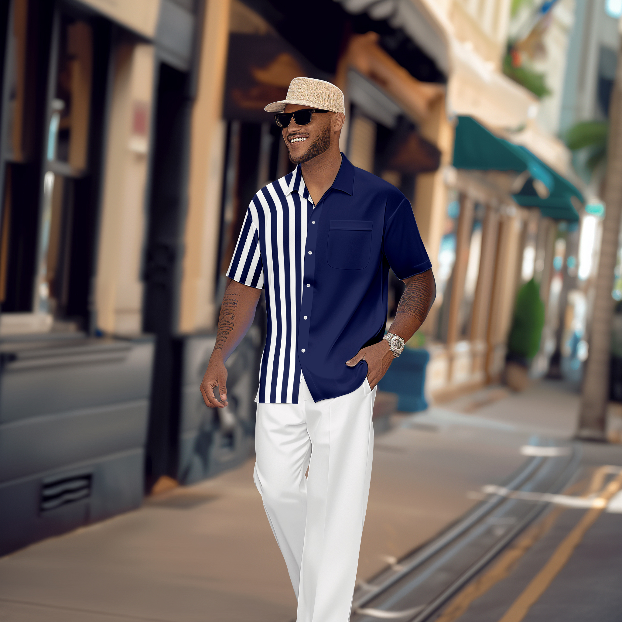 Camisa retro Colorblock de manga corta Walking Suit 1124 para hombre