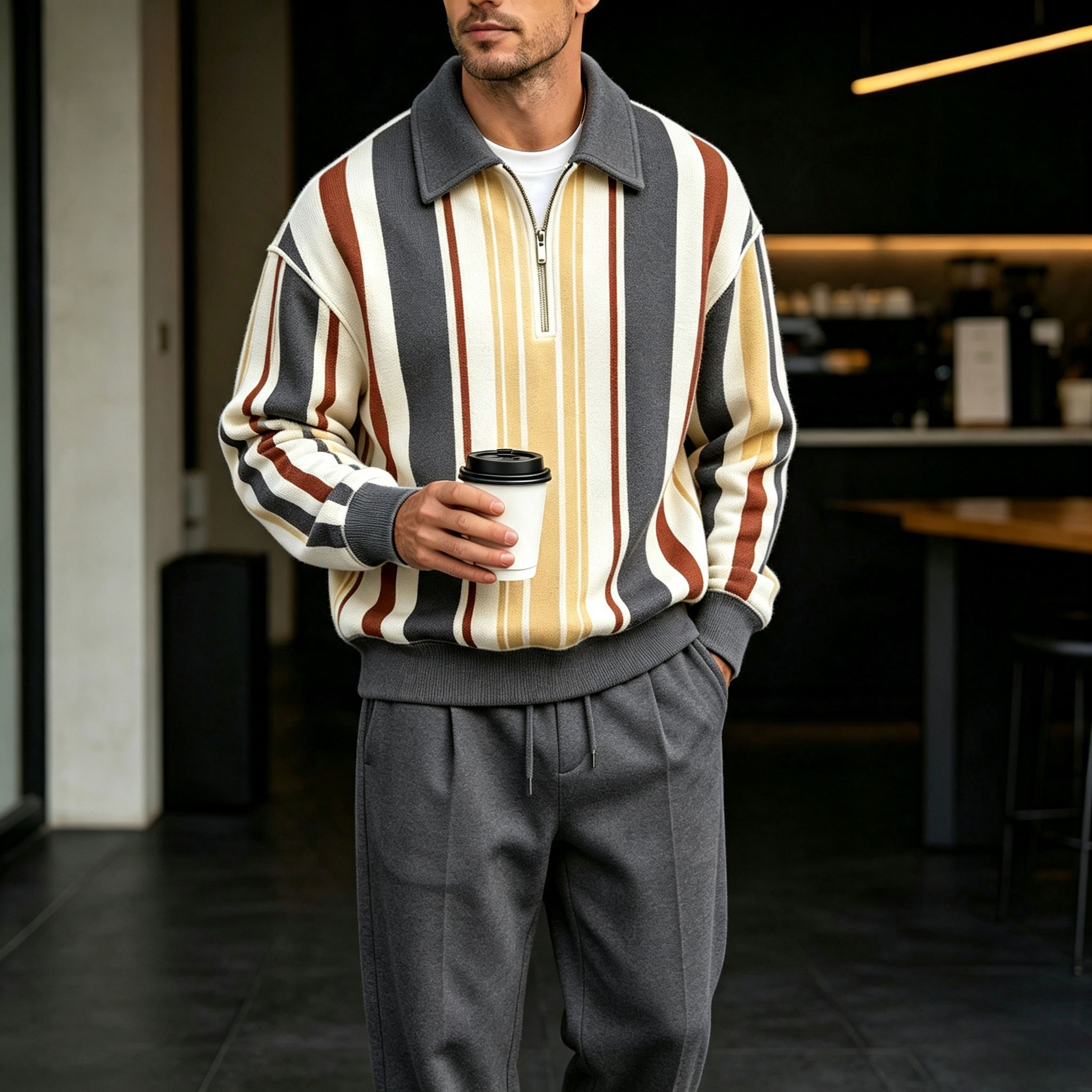 para hombre Two-Tone estampado Zipper camisa polo and pantalón Set