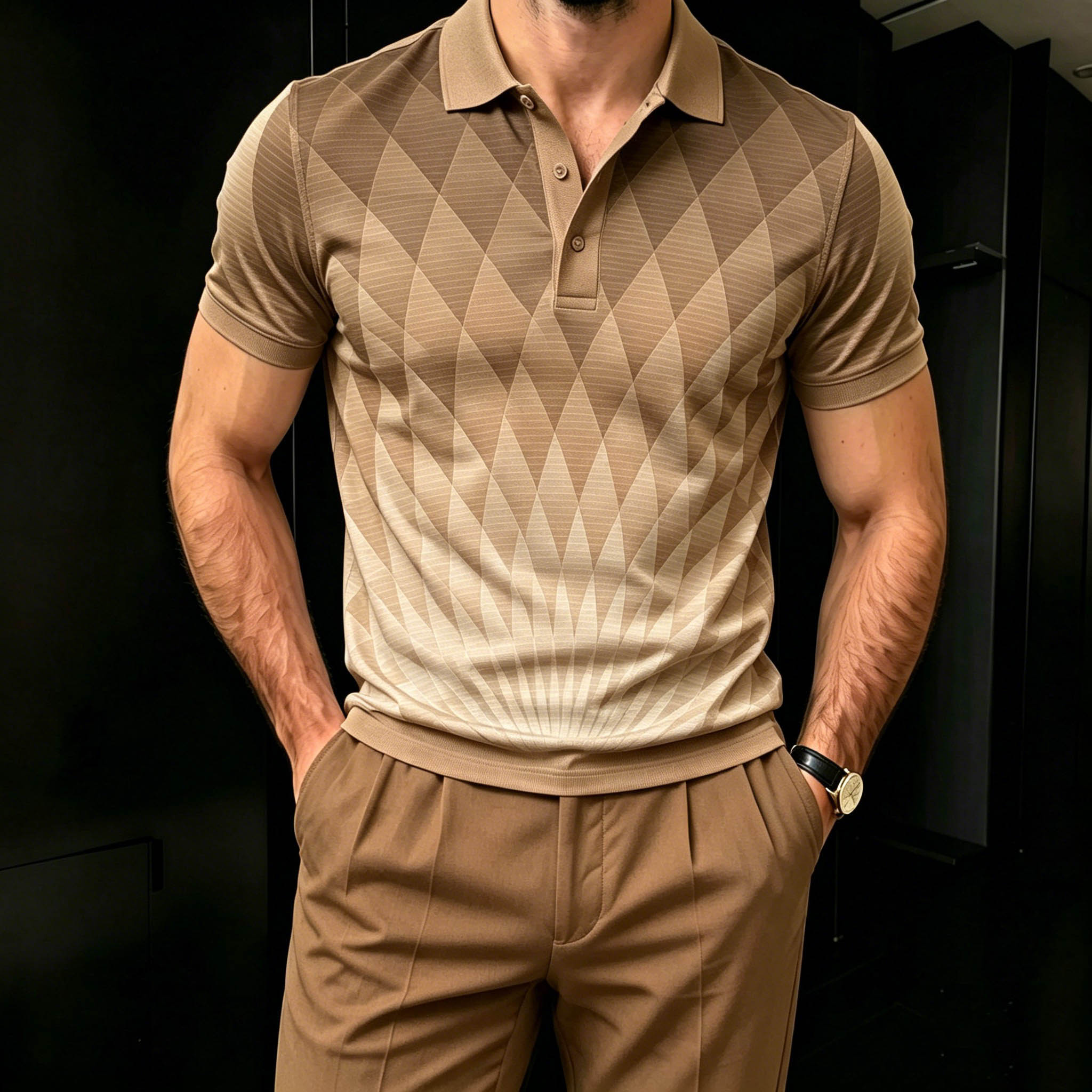 Camisa polo casual Brown Color Geometric Gradient estampado de manga cortas para hombre