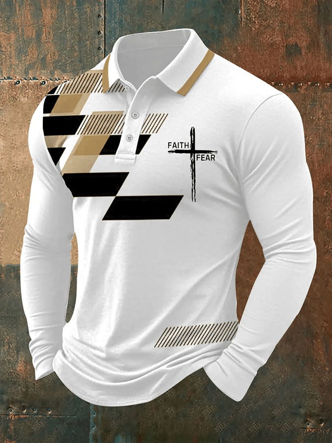 Camisa polo vintage Faith“Faith Over Fear” estampado casual de manga larga para hombre