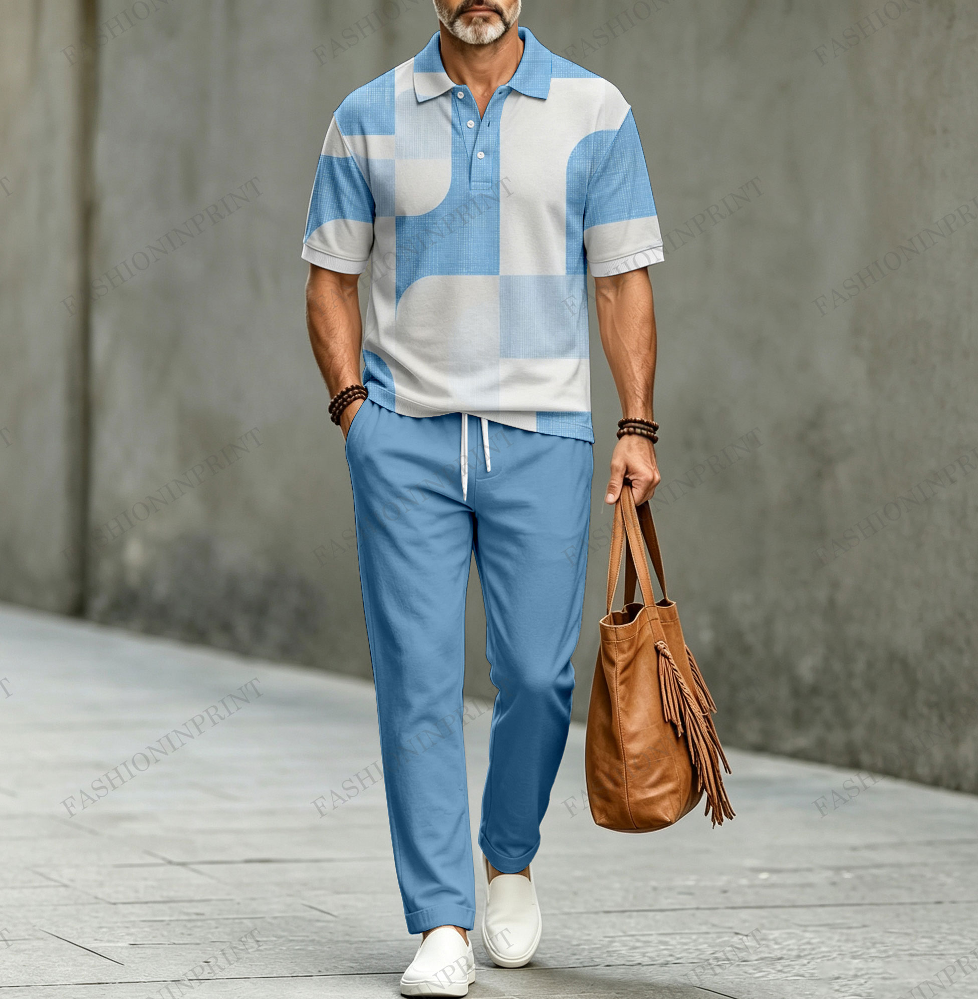 Conjunto de dos piezas casual Color-Blocked estampado de manga corta camisa polo and pantalón para hombre
